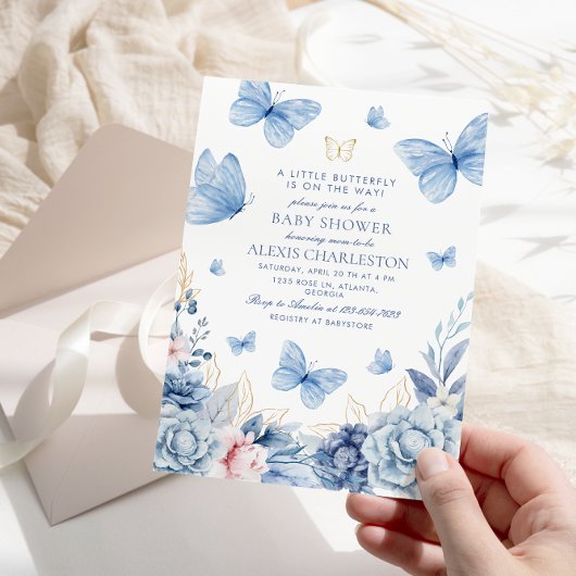 Invitation Bleu Petit Papillon Fleurs Baby shower garçon