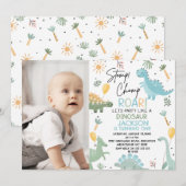 Invitation Bleu Photo Ballons Dinosaur Thème 1er Anniversaire (Devant / Derrière)