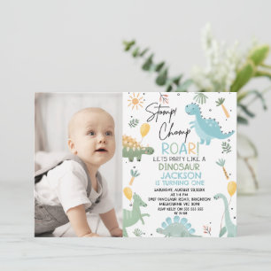 Invitation Bleu Photo Ballons Dinosaur Thème 1er Anniversaire