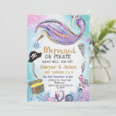 Invitation Bleu Pirates mauve Mermaid Anniversaire (Debout devant)