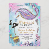 Invitation Bleu Pirates mauve Mermaid Anniversaire (Devant / Derrière)