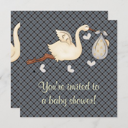Invitation Bleu Plaid Stork Baby Boy Douche (Devant / Derrière)