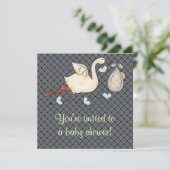 Invitation Bleu Plaid Stork Baby Boy Douche (Debout devant)