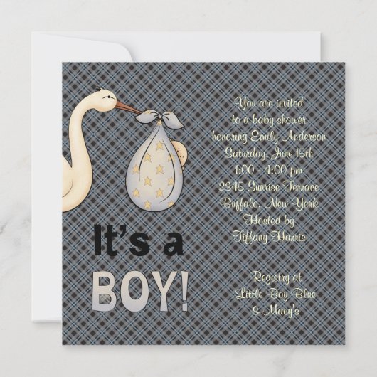 Invitation Bleu Plaid Stork Baby Boy Douche (Dos)