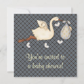Invitation Bleu Plaid Stork Baby Boy Douche (Devant)