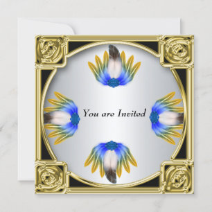 Invitation Bleu Plumes Argent Or Frame