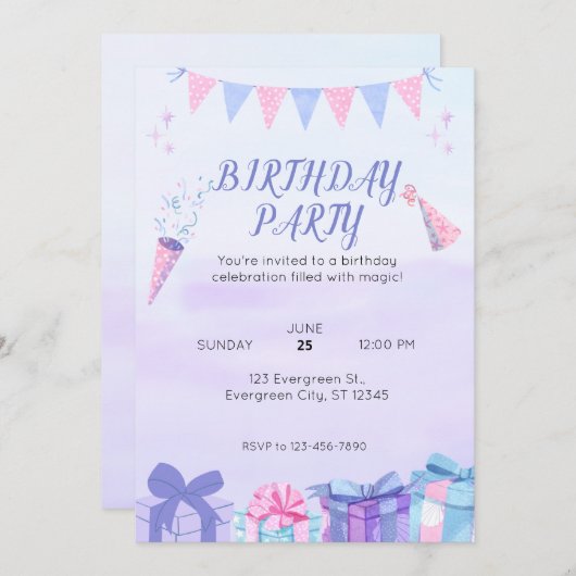 Invitation Bleu pourpre Anniversaire Bash (Devant / Derrière)