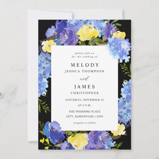 Invitation Bleu pourpre et jaune Mariage floral - Noir (Devant)