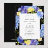 Invitation Bleu pourpre et jaune Mariage floral - Noir (Devant / Derrière)