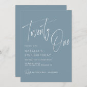 Invitation Bleu poussiéreux | 21e anniversaire de style minim (Devant / Derrière)