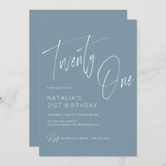 Invitation Bleu poussiéreux | 21e anniversaire de style minim (Devant / Derrière)