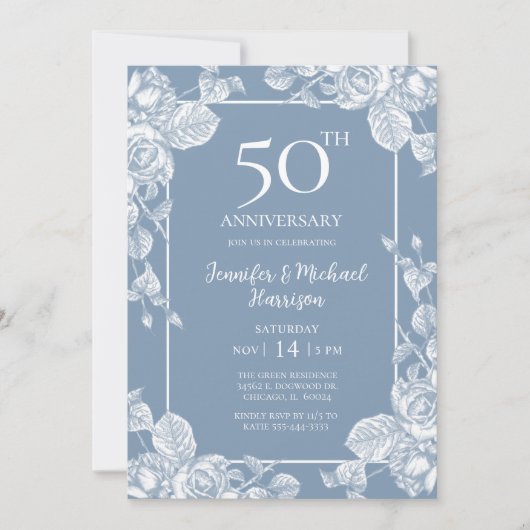 Invitation Bleu Poussiéreux 50e Anniversaire (Devant)