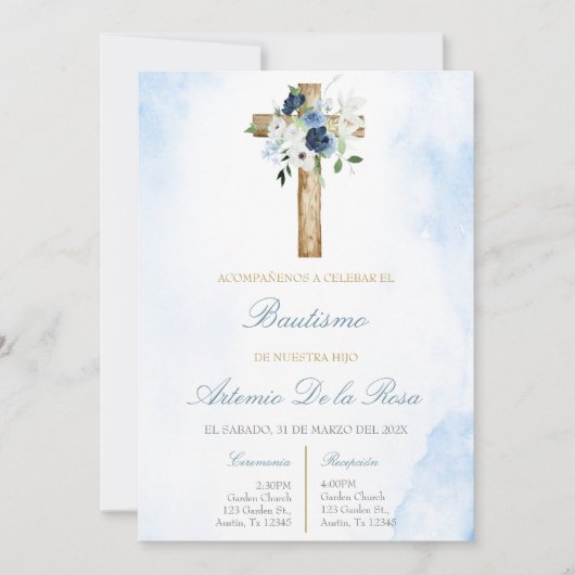 Invitation Bleu poussiéreux avec croix de baptême (Devant)