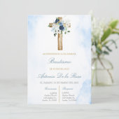 Invitation Bleu poussiéreux avec croix de baptême (Debout devant)