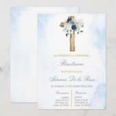 Invitation Bleu poussiéreux avec croix de baptême (Devant / Derrière)
