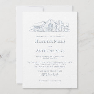 Invitation Bleu Poussiéreux avec Croquis du Lieu