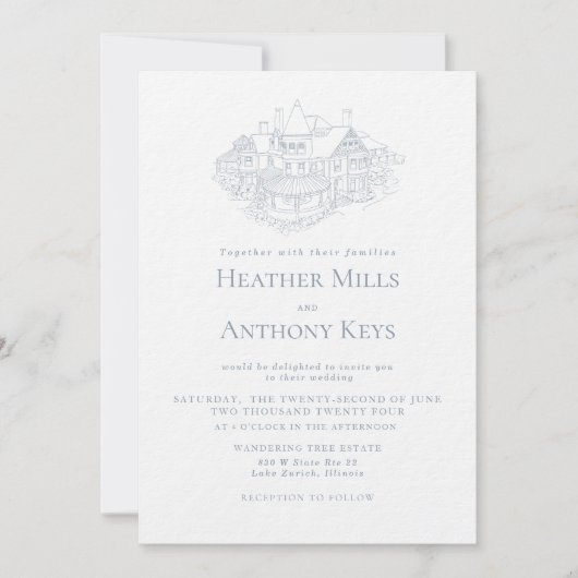 Invitation Bleu Poussiéreux avec Croquis du Lieu (Devant)