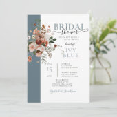 Invitation Bleu poussiéreux avec Fête des mariées florale ros (Debout devant)