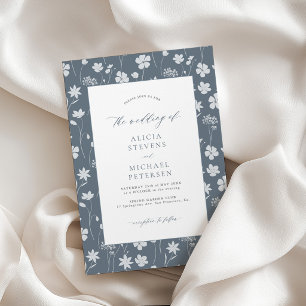 Invitation Bleu poussiéreux blanc élégant floral mariage de j