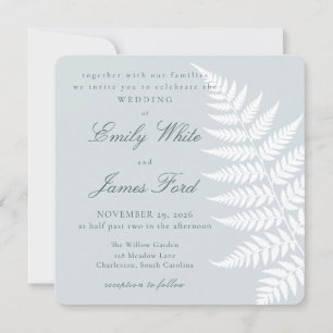 Invitation Bleu Poussiéreux Blanc Fern Élégant Carré Mariage