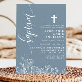 Invitation Bleu Poussiéreux Blanc Floral Élégant Script Baptê