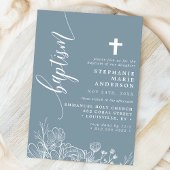 Invitation Bleu Poussiéreux Blanc Floral Élégant Script Baptê