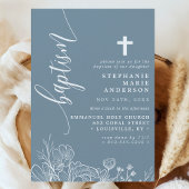 Invitation Bleu Poussiéreux Blanc Floral Élégant Script Baptê