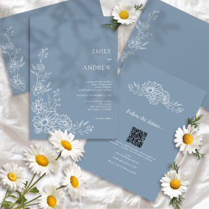 Invitation Bleu Poussiéreux Code QR Botanique Tout En Un Mari