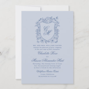 Invitation Bleu Poussiéreux Couronne Florale Vintage Élégant