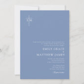 Invitation Bleu Poussiéreux Croix Chrétienne Monogrammée Mode (Devant)