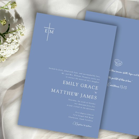 Invitation Bleu Poussiéreux Croix Chrétienne Monogrammée Mode
