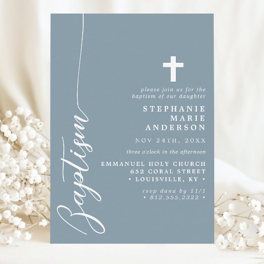 Invitation Bleu Poussiéreux Écriture Simple Moderne Baptême