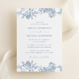 Invitation Bleu Poussiéreux Élégant Mariage Floral Vintage