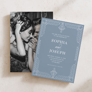 Invitation Bleu Poussiéreux Élégant Mariage Photo Intempore