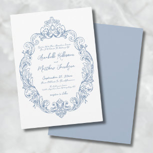 Invitation Bleu Poussiéreux Élégant Romantique Orné Mariage V