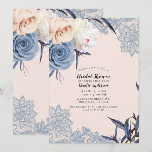 Invitation Bleu Poussiéreux et Fleurs de Pêche en Dentelle po