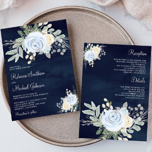 Invitation Bleu Poussiéreux et Floral d'Ivoire Tout en Un Mar