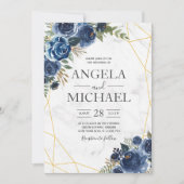 Invitation Bleu poussiéreux et floral marine Élégant (Devant)