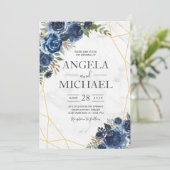 Invitation Bleu poussiéreux et floral marine Élégant (Debout devant)