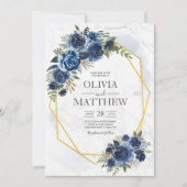 Invitation Bleu poussiéreux et floral marine Élégant (Devant)