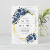 Invitation Bleu poussiéreux et floral marine Élégant (Debout devant)