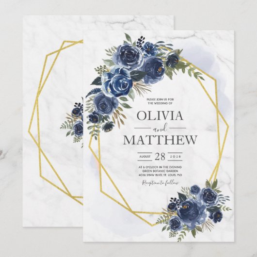 Invitation Bleu poussiéreux et floral marine Élégant (Devant / Derrière)