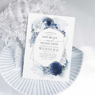 Invitation Bleu poussiéreux et floral marine Élégant Mariage