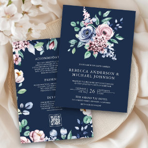 Invitation Bleu poussiéreux et rose floral Code QR Mariage ma