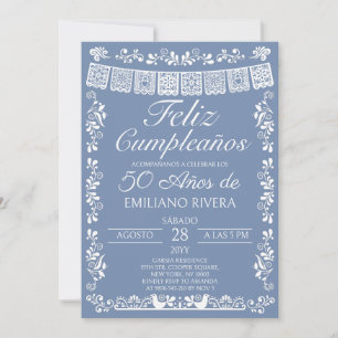 Invitation Bleu Poussiéreux Feliz Cumpleaños 50e Anniversaire