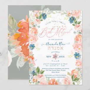 Invitation Bleu poussiéreux + Fleurs aquarelle corail Bat Mit