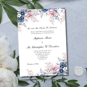 Invitation Bleu Poussiéreux Fleurs Aquarelles Élégant Mariage