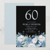 Invitation Bleu Poussiéreux Fleurs Blanches Anniversaire 60 A (Devant / Derrière)