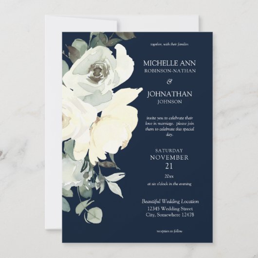 Invitation Bleu Poussiéreux & Fleurs Blanches Mariage - Nuit (Devant)