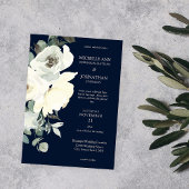 Invitation Bleu Poussiéreux & Fleurs Blanches Mariage - Nuit